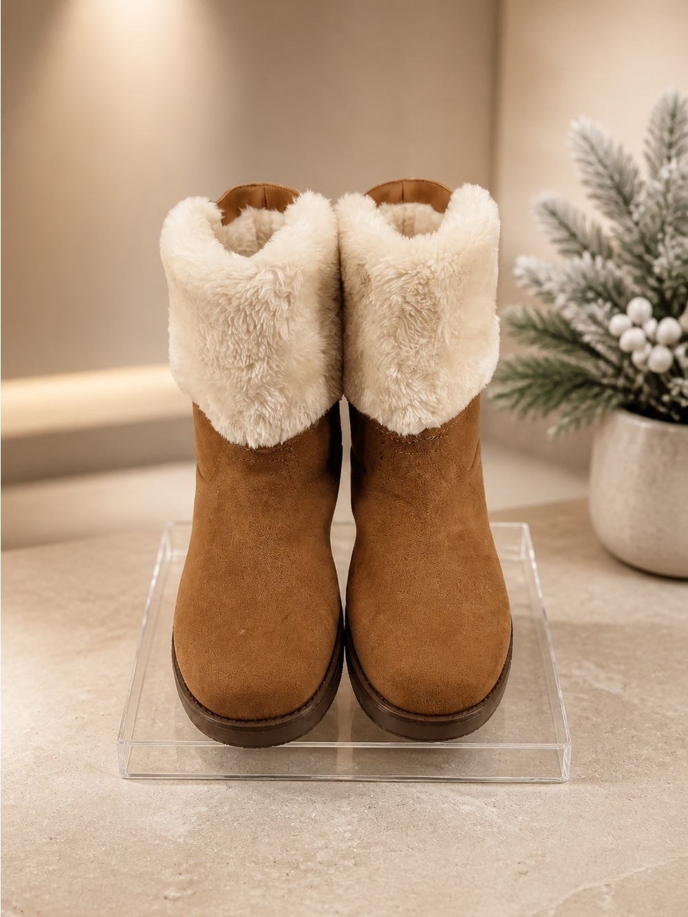 G by Guess Cozy Faux-Shearling Cuff Suede Ankle Boots - Camel